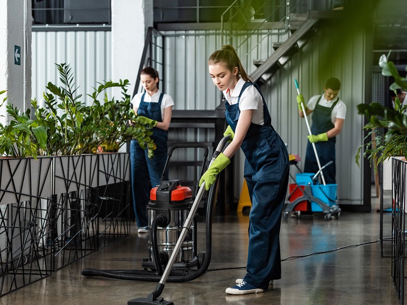 Integrated facilities management and janitorial cleaning of an office building